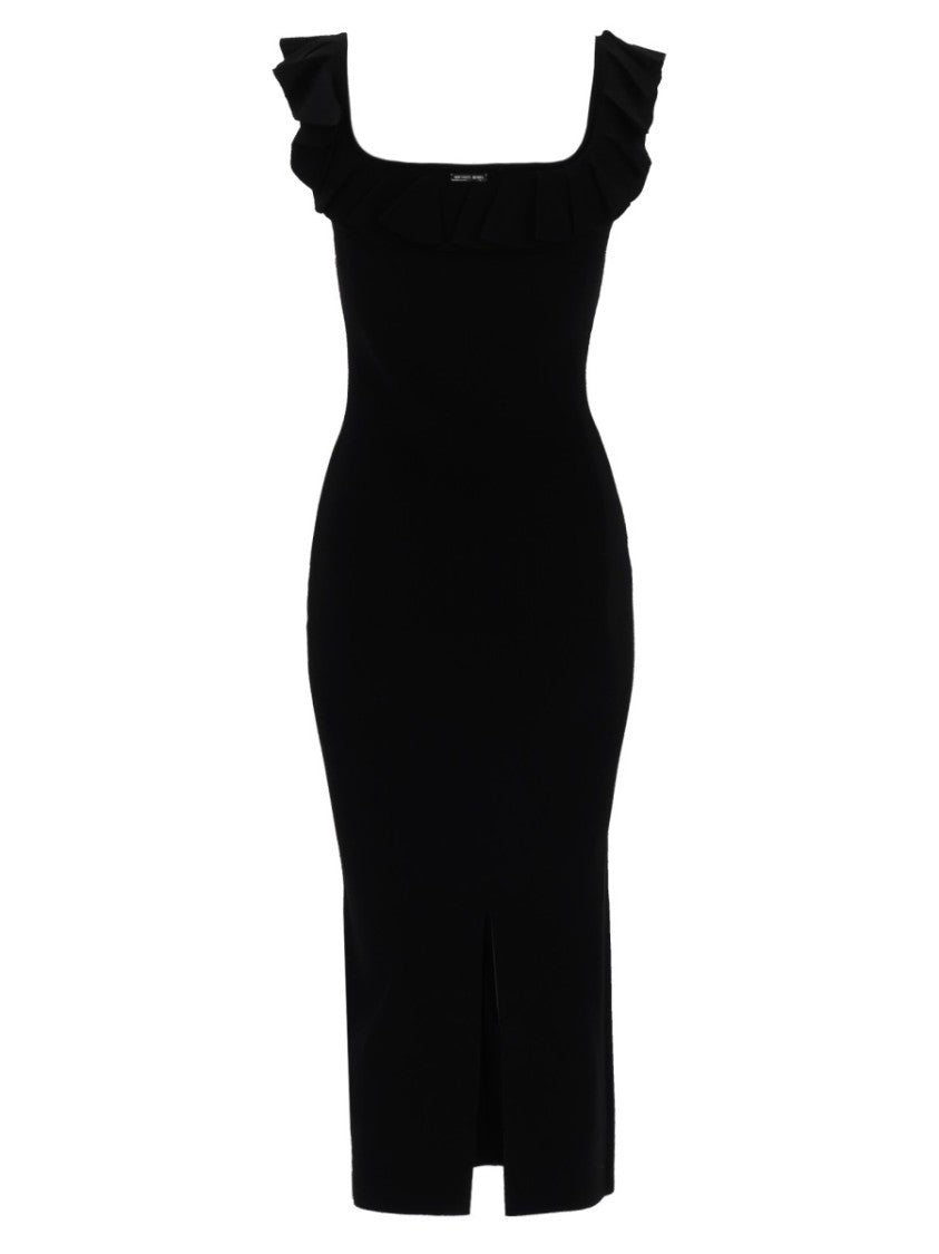 Michael Michael Kors Fitted Midi Dress With Ruffled Detailing And Back Slit