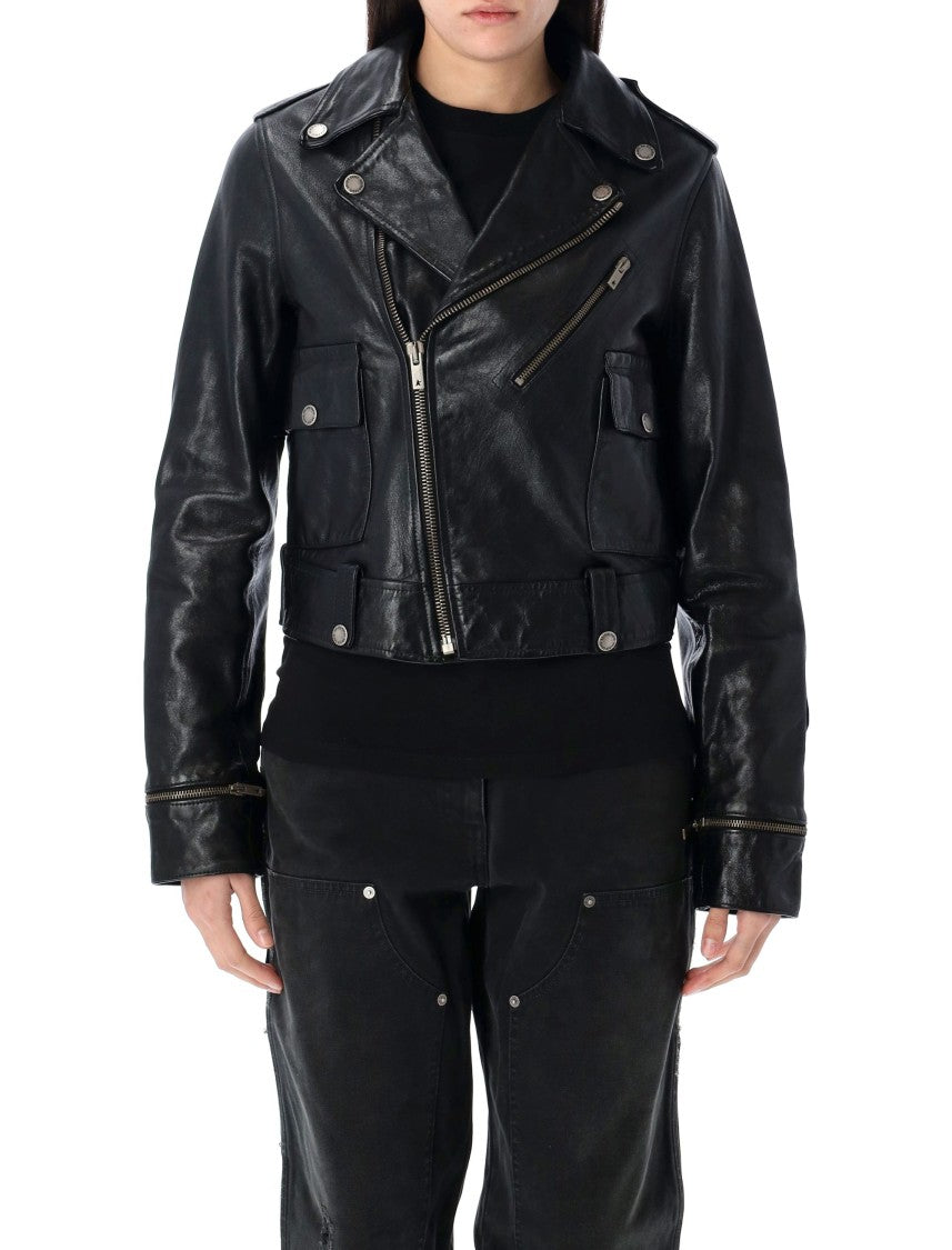 Golden Goose Cropped Black Leather Biker Jacket With Zip