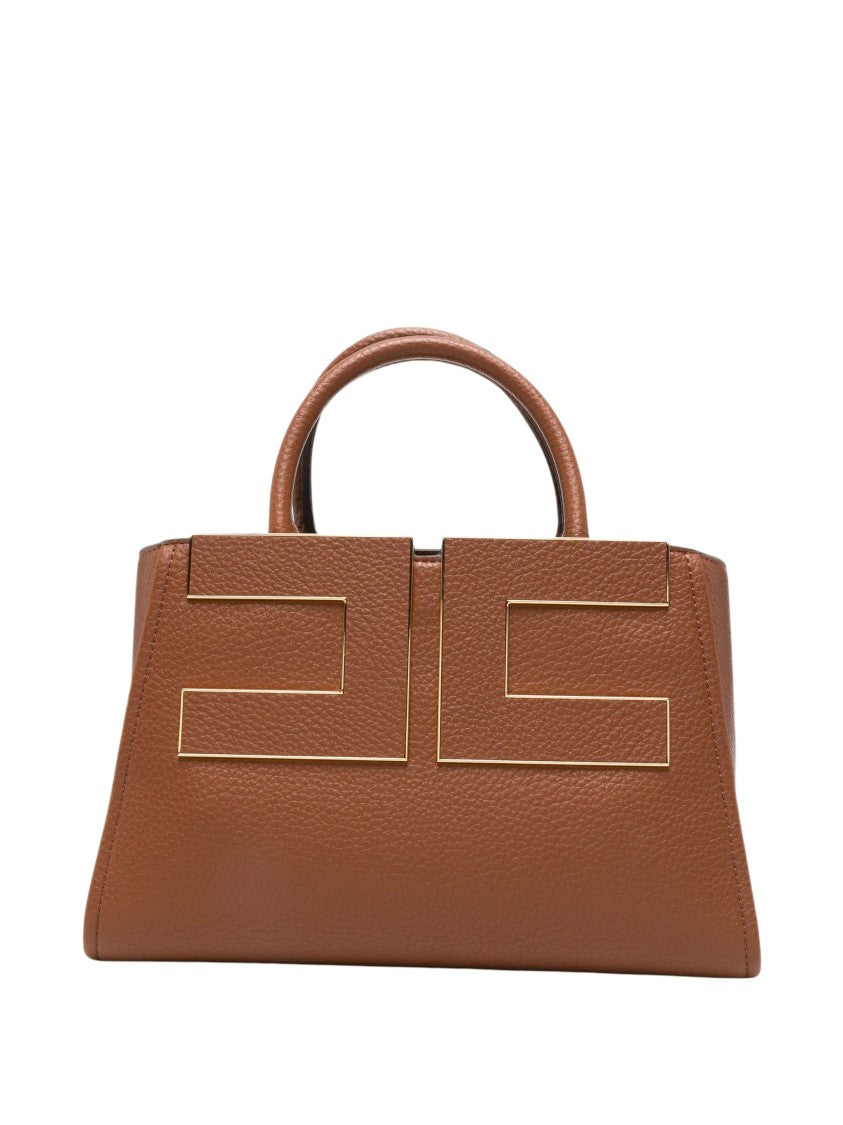 Elisabetta Franchi Structured Brown Geometric Hardware Handbag
