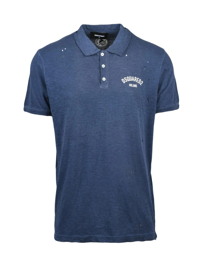 Dsquared2 Blue Cotton-Blend Distressed Polo Shirt