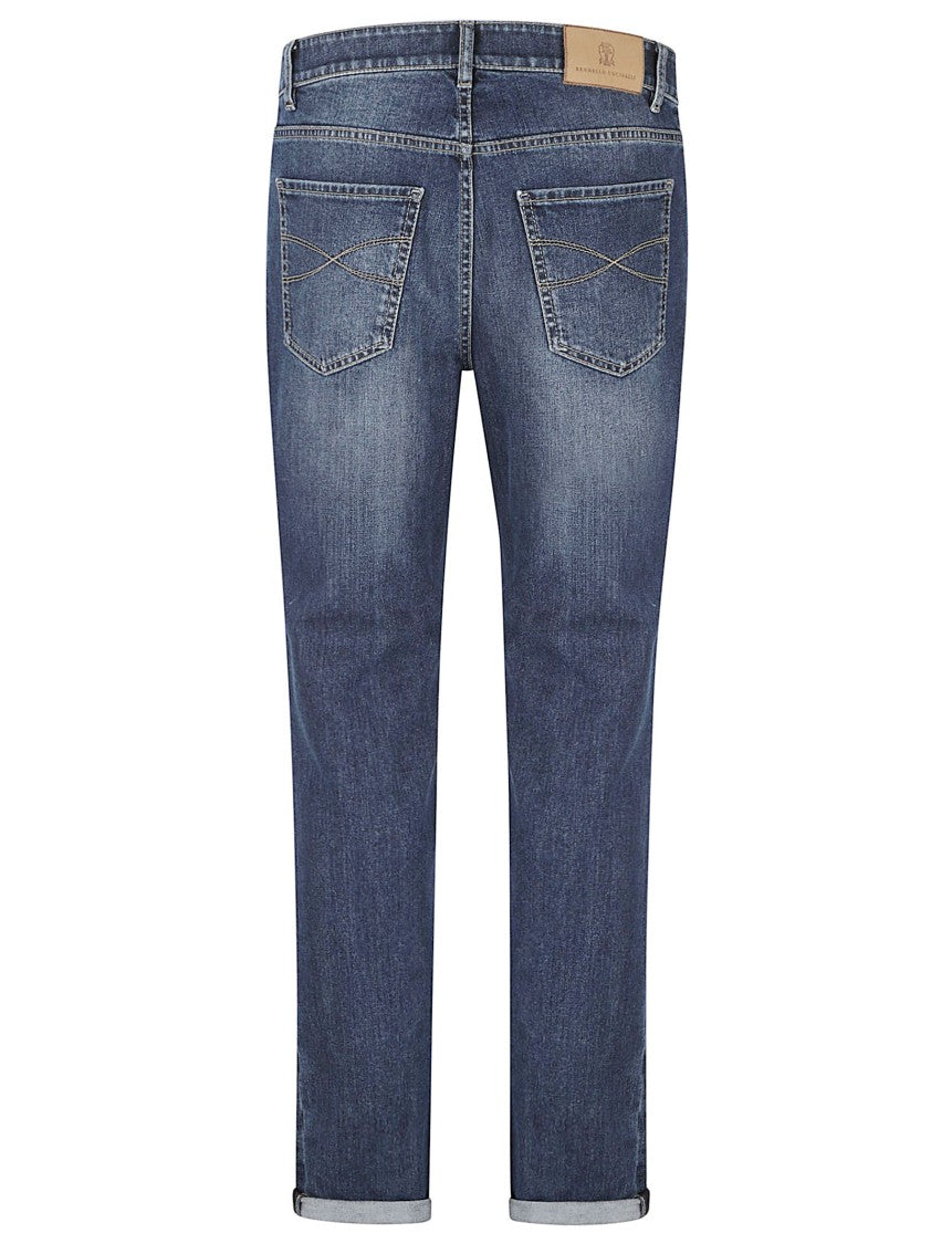 Brunello Cucinelli Blue Denim Logo Five-Pocket Jeans