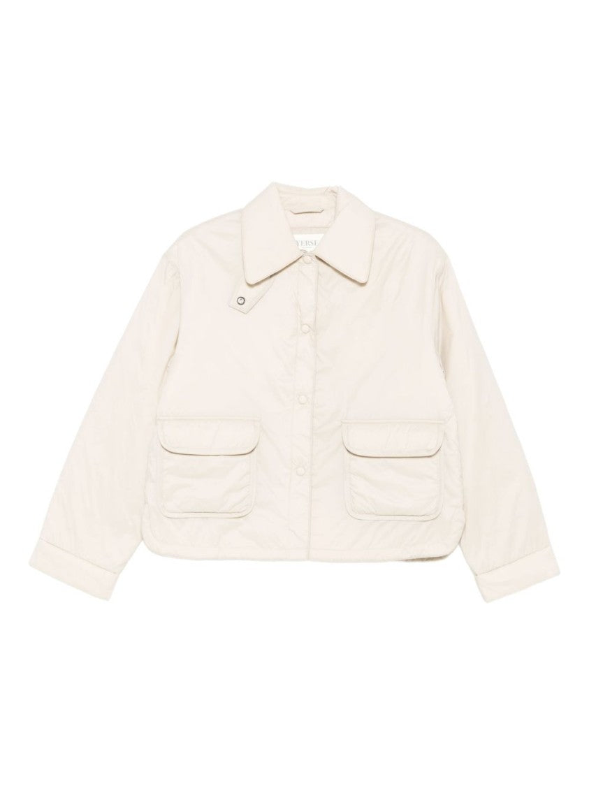 Yerse Cropped Boxy Beige Jacket With Pointed Collar