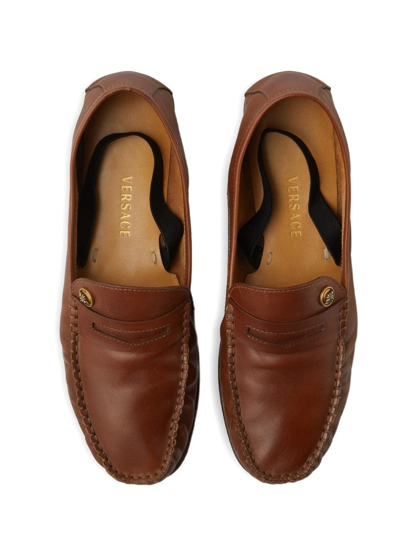 Versace Brown Calf Leather Penny Logo Loafers