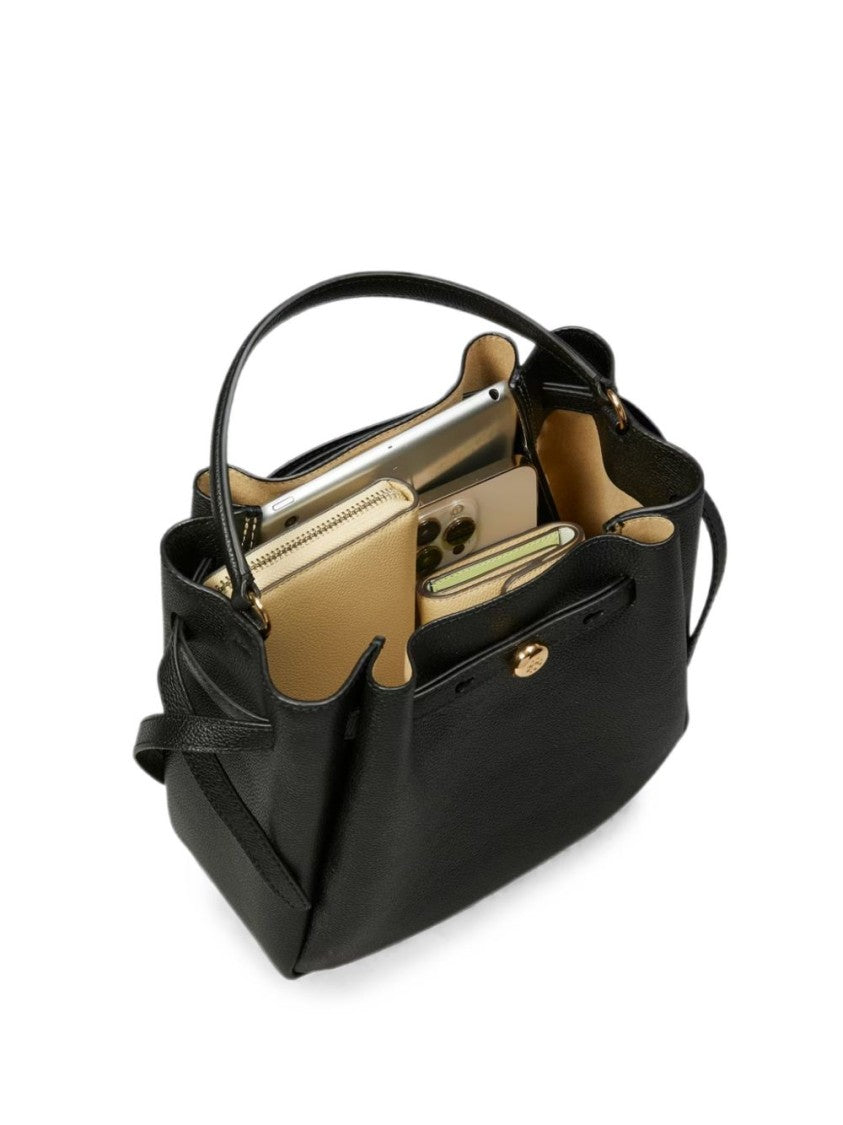 Tory Burch Black Pebbled Leather Handbag With Signature Gold Hardware