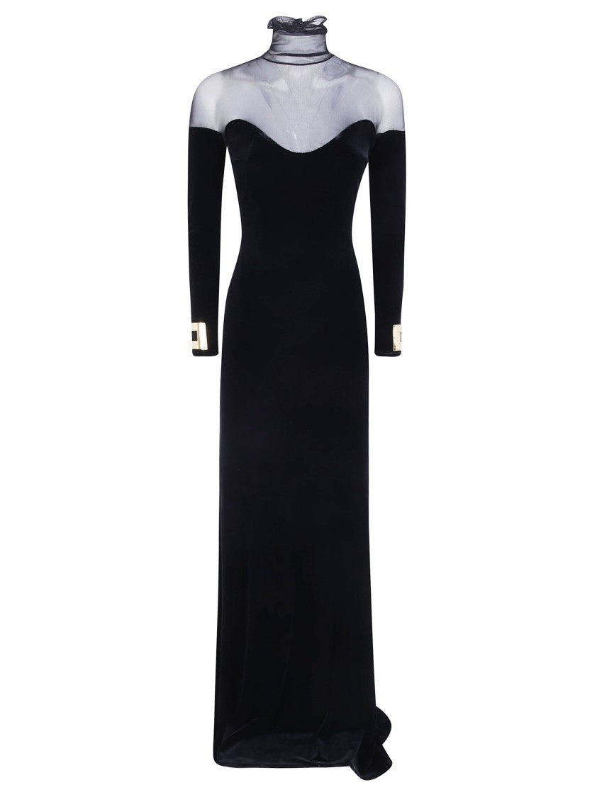 Elisabetta Franchi Long Fitted Sheer Mesh Keyhole Dress