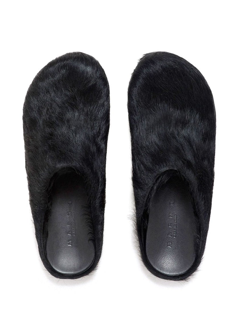 Marni Black Calf Hair Round Toe Slip-On Mules