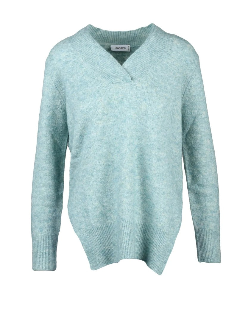 Kangra V-Neck Pullover In Light Aqua Green With Textured Finish