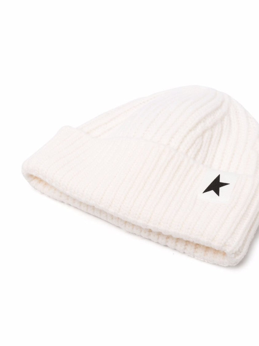 Golden Goose Ribbed Knit White Wool Hat With Minimalist Design