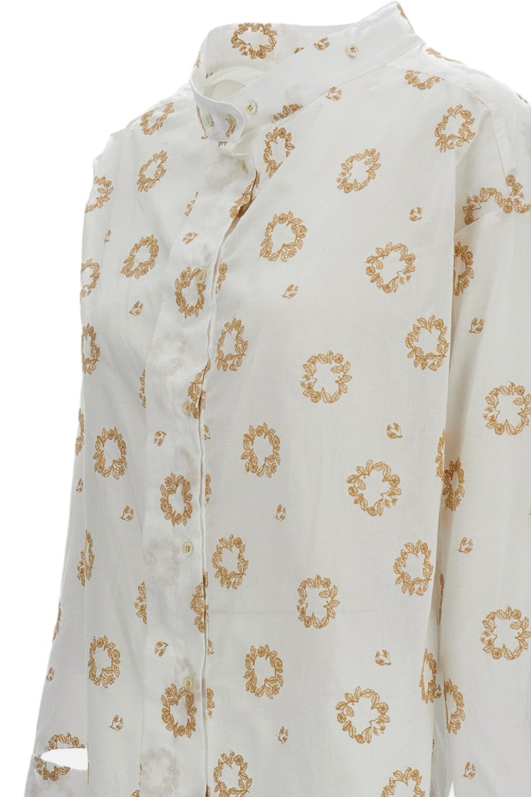 Jejia White Cotton Shirt With Floral Embroidery And Unique Cut-Out Cuffs