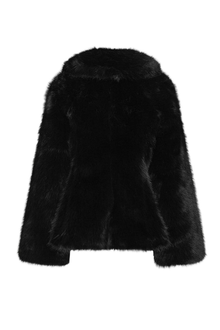 Rotate Black Voluminous Faux Fur Flared Jacket