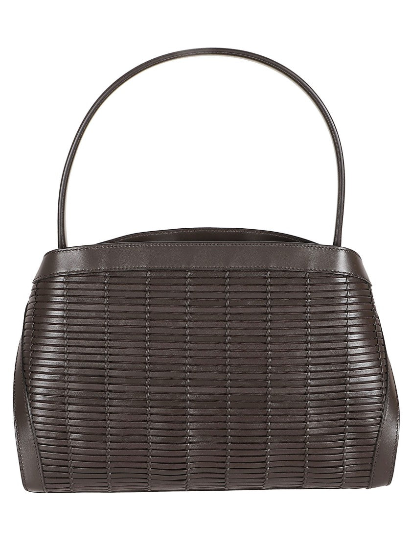 Ferragamo Structured Brown Handbag With Woven Leather Design And Gold Accents