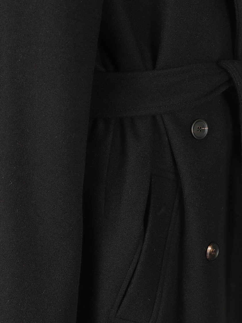 Brunello Cucinelli Timeless Black Wool Long Coat With Tailored Fit And Belted Waist