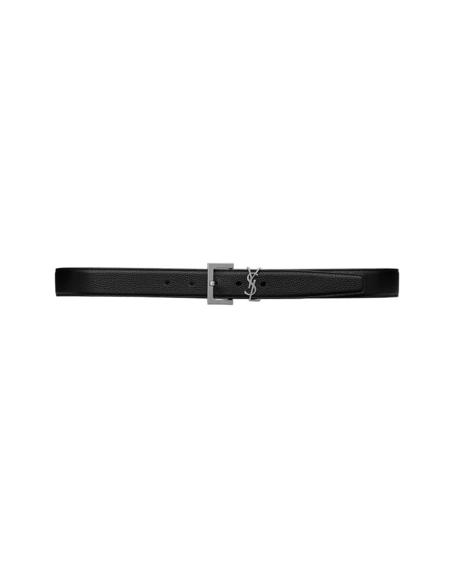 Saint Laurent Textured Leather Belt With Silver Buckle