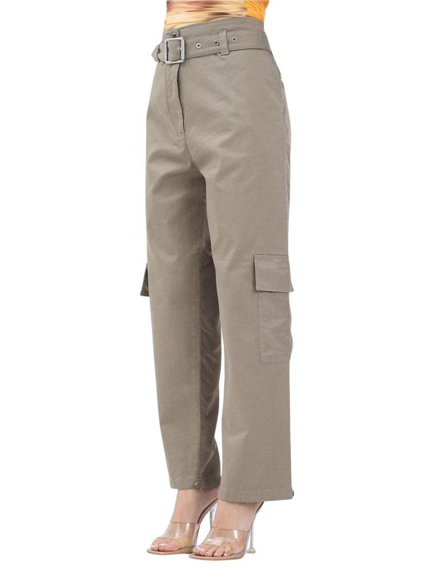 Pinko High-Waist Khaki Trousers With Wide-Leg Silhouette And Belted Waist