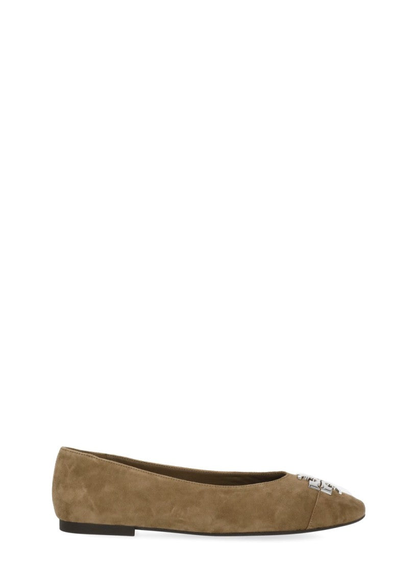 Tory Burch Brown Pointed Toe Silver Logo Suede Flats