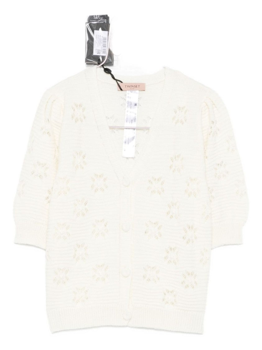 Twin-Set Short Puff Sleeve White Knit Sweater