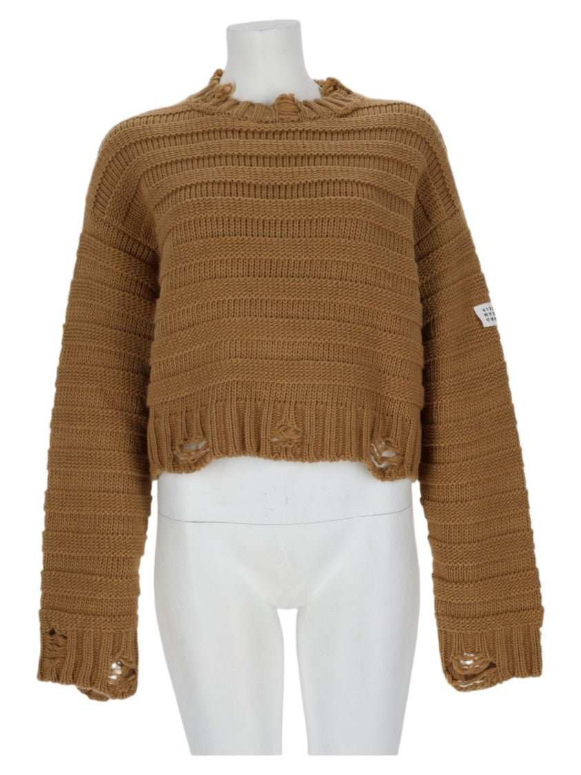 Mm6 By Maison Margiela Cropped Knit Sweater With Distressed Hem And Patch Detail