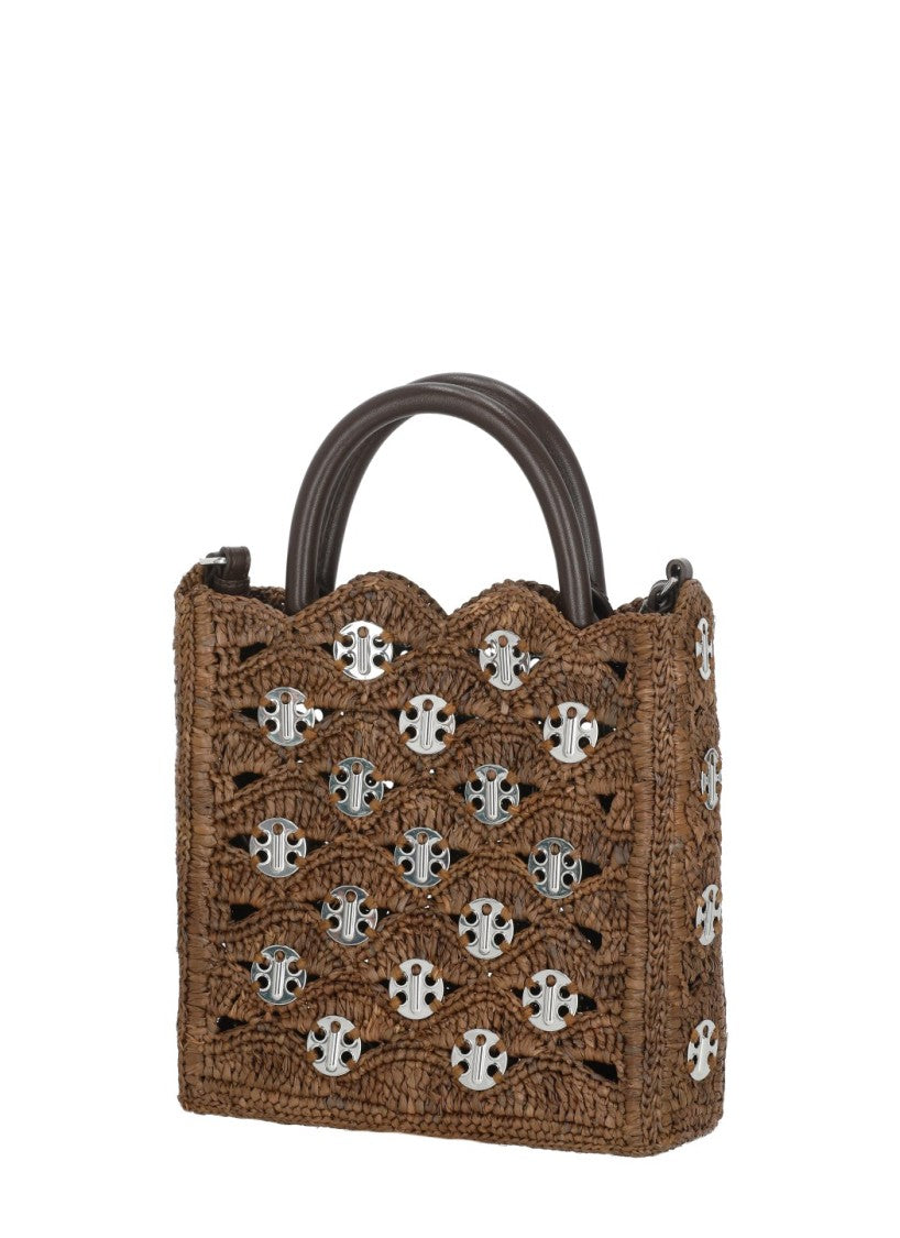 Rabanne Brown Woven Raphia Silver Disc Detail Handbag