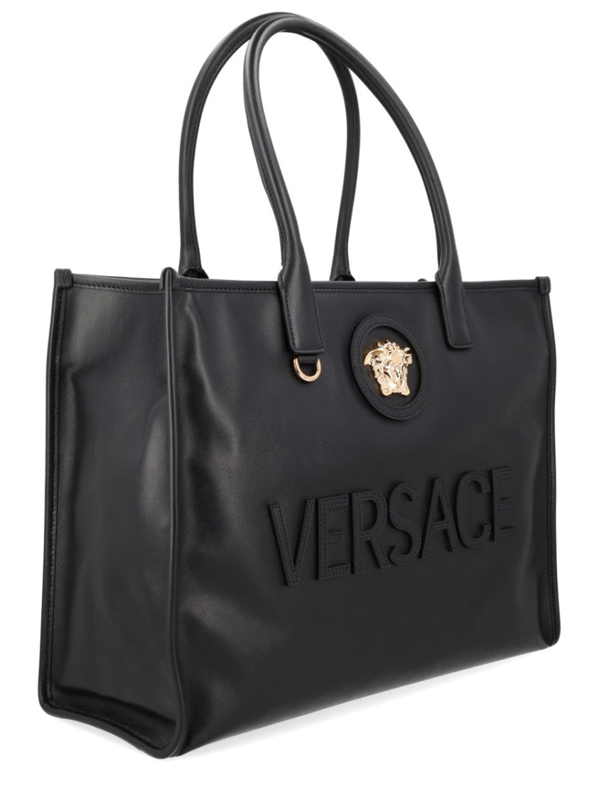 Versace Neutrals Raised Logo Textured Calf Leather Tote Bag