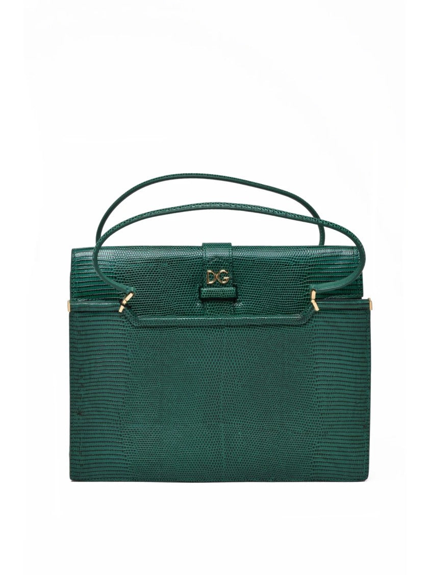 Dolce & Gabbana Textured Green Leather Printed Handbag With Flap Closure