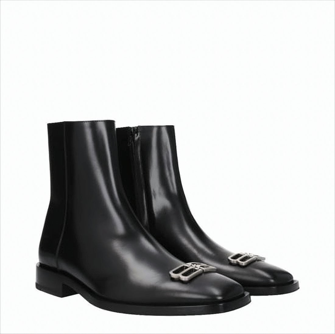 Balenciaga Mid-Ankle Black Leather Boots With Metallic Buckle Detail