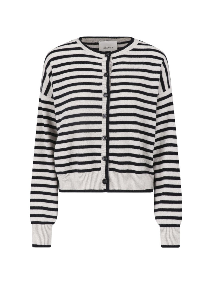 Lisa Yang Striped Cropped Button-Down Knit Sweater