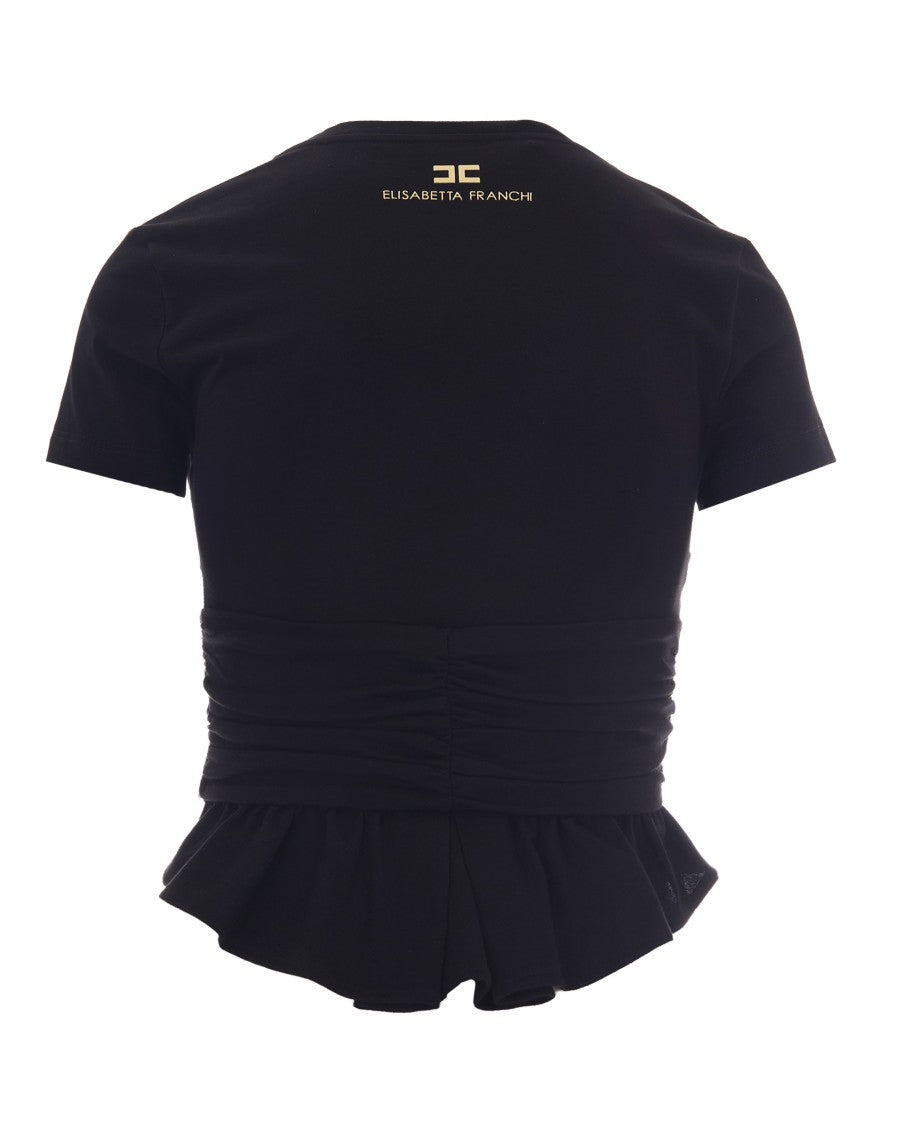 Elisabetta Franchi Draped Jersey T-Shirt With Metallic Logo Ring