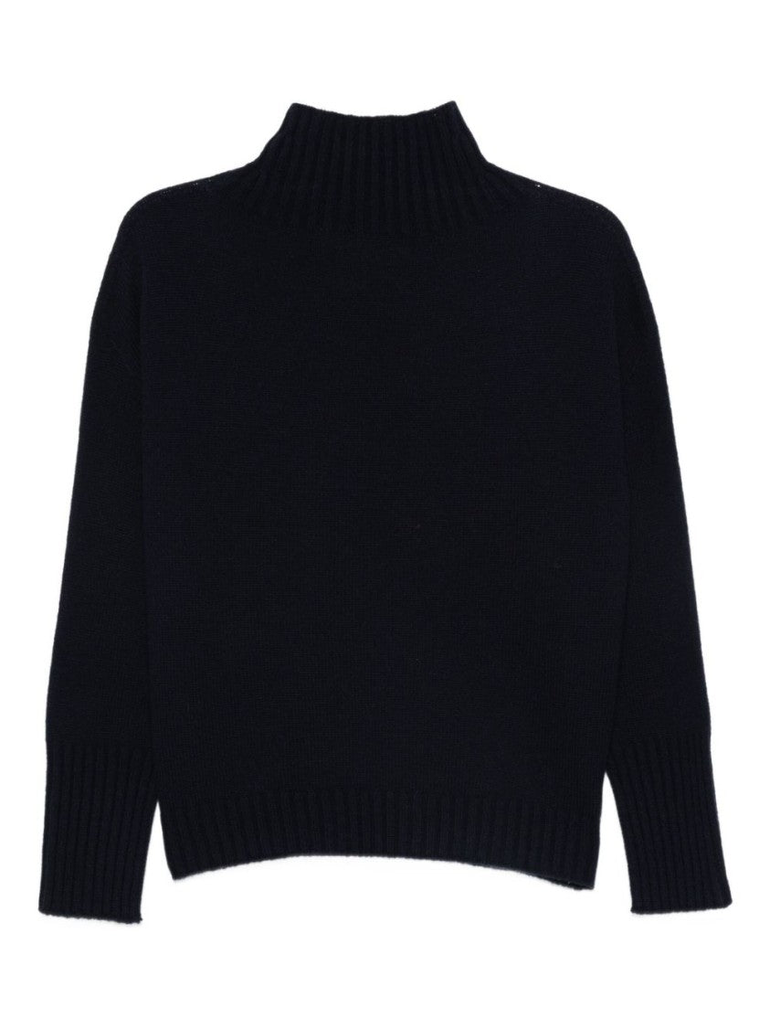 Vanisé Ribbed Neckline Deep Blue Knit Sweater