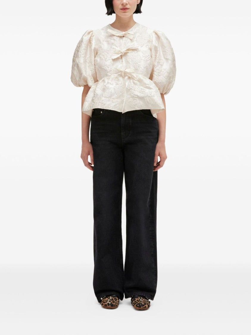 Ganni Textured Jacquard Blouse With Puff Sleeves