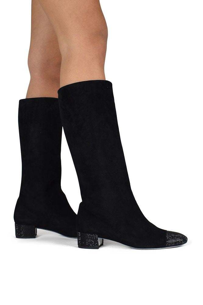 René Caovilla Mid-Calf Black Suede Boots With Glitter-Embellished Details