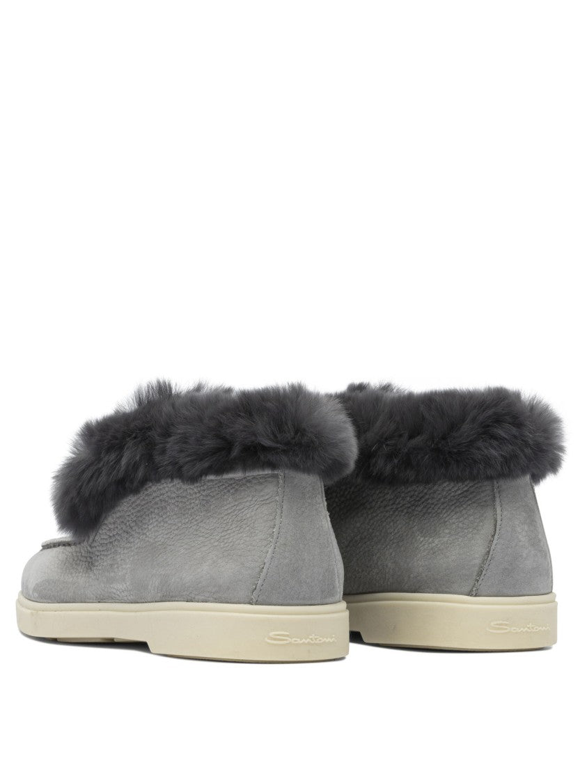 Santoni Plush Trim Ankle Boots With Moccasin Toe