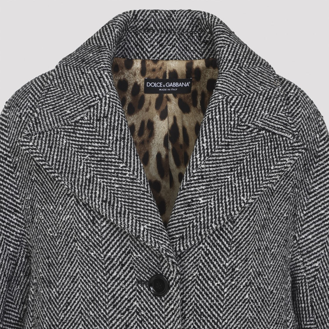 Dolce & Gabbana Herringbone Grey Wool Coat With Animalier Lining