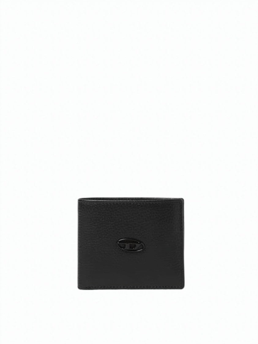 Diesel Black Textured Calf Leather Oval Emblem Wallet