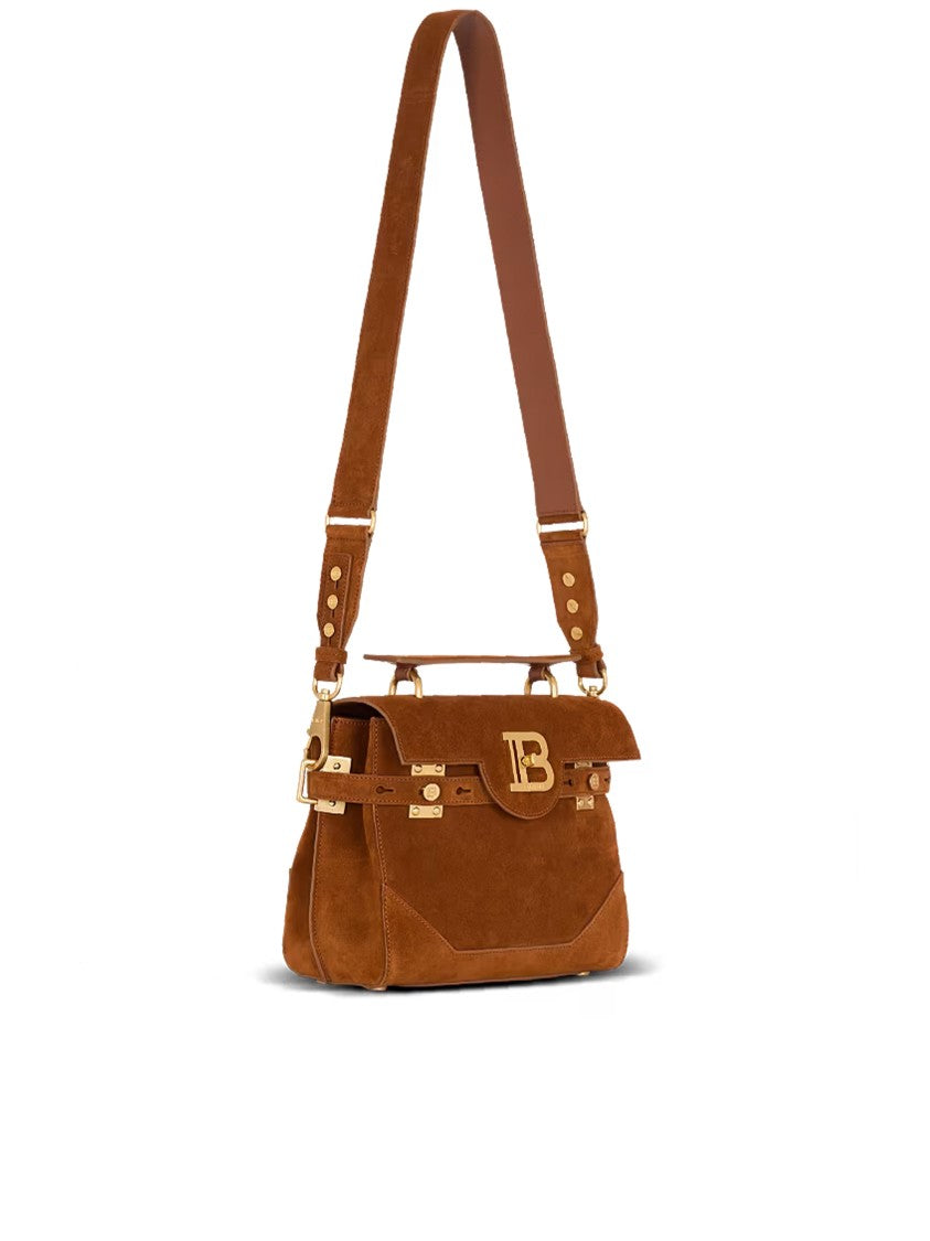 Balmain Medium Structured Suede Handbag Leather Accents