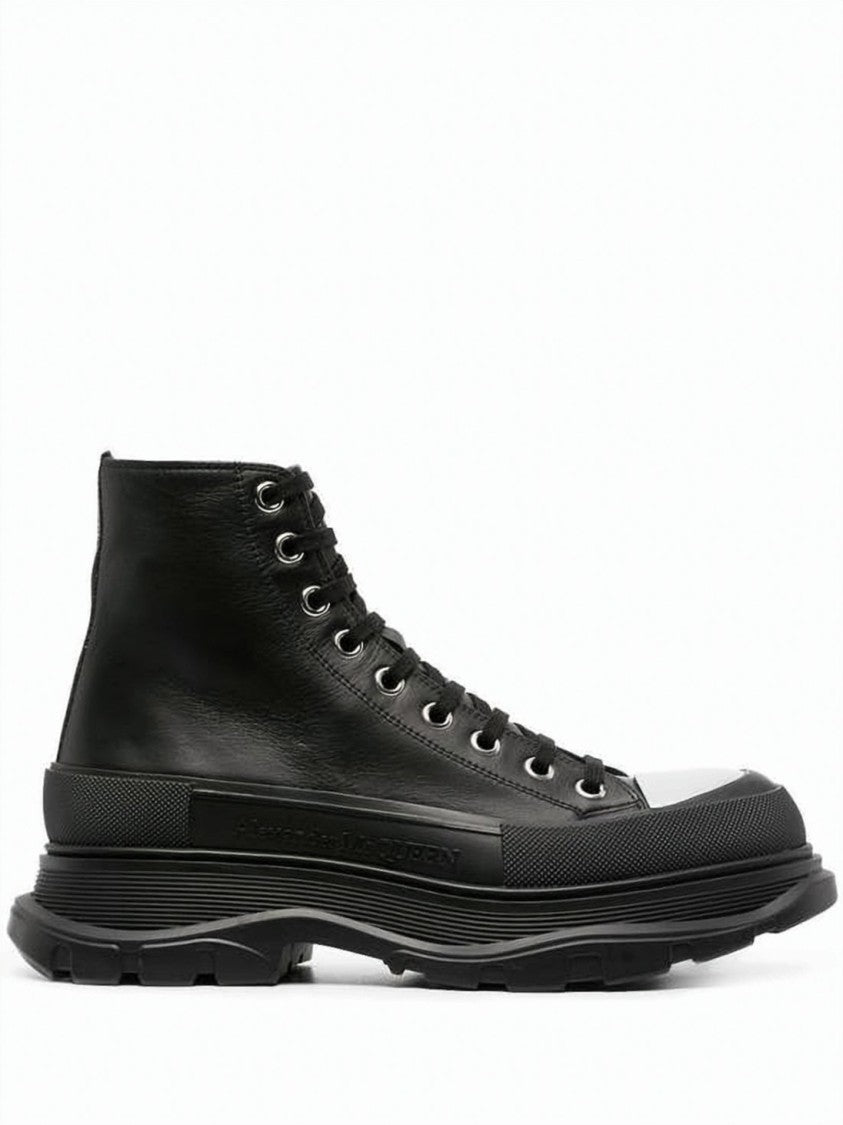 Alexander Mcqueen High-Top Rugged Leather Boots With Metallic Toe Cap