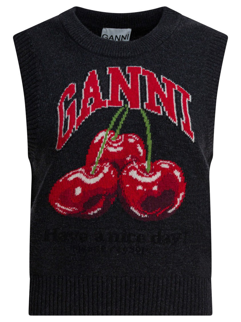 Ganni Wool Vest With Bold Cherry Graphic