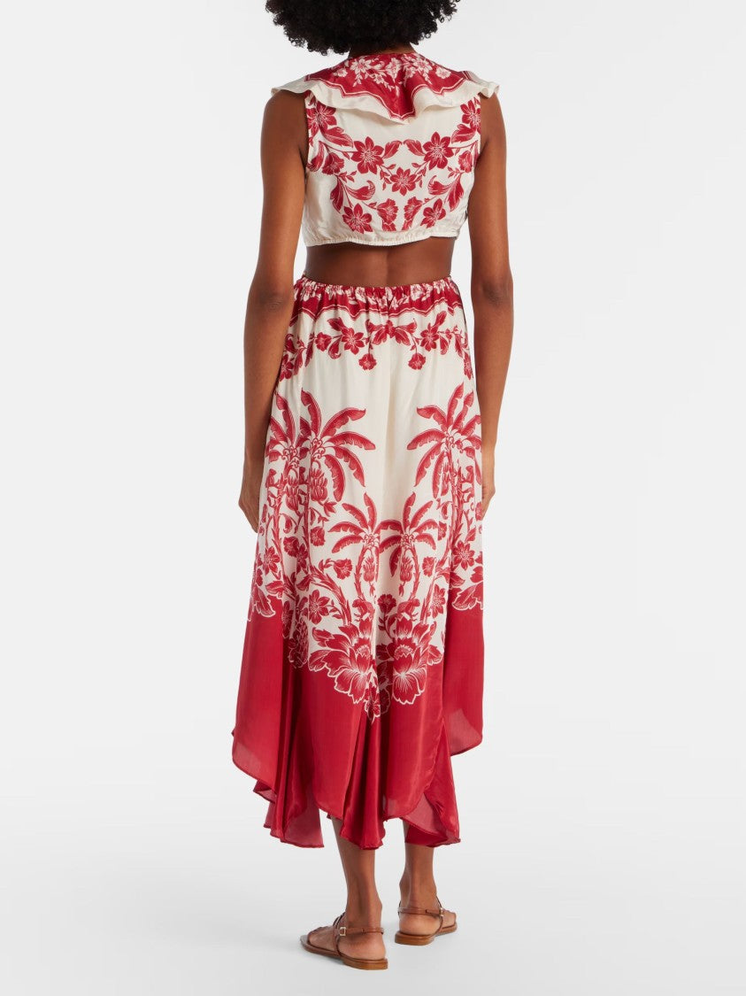 Farm Rio Red Botanical Motif Viscose Midi Dress