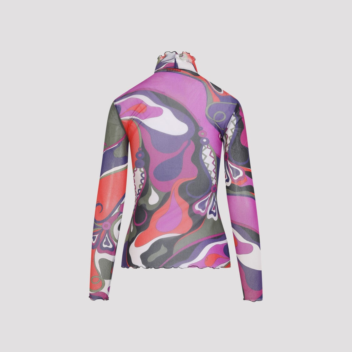 Pucci Multicolor Mesh Tulle T-Shirt With Standing Collar And Frilled Edges