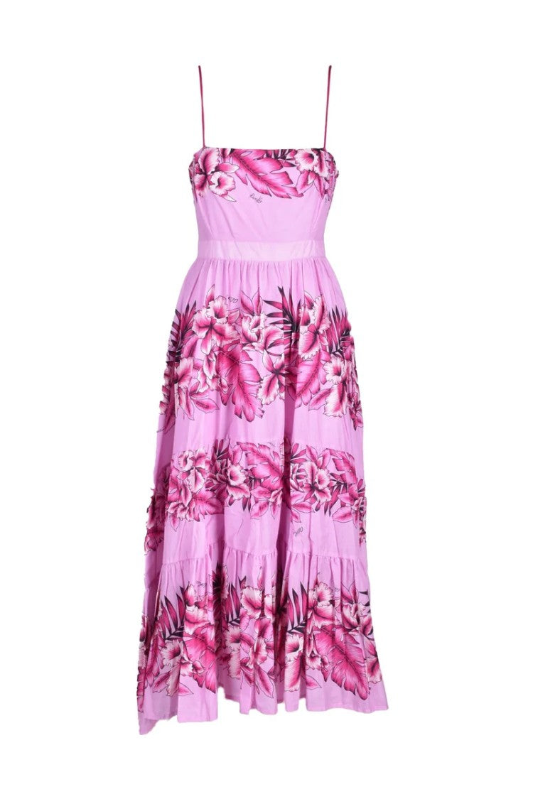 Pinko Fuchsia Pink Floral Tiered Cotton Maxi Dress