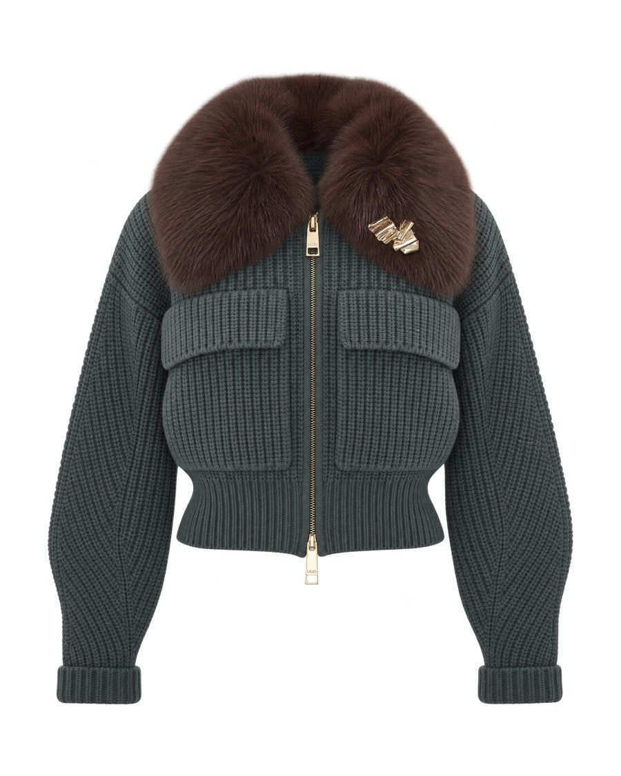 Liu Jo Cropped Dark Green Chunky Knit Bomber Jacket