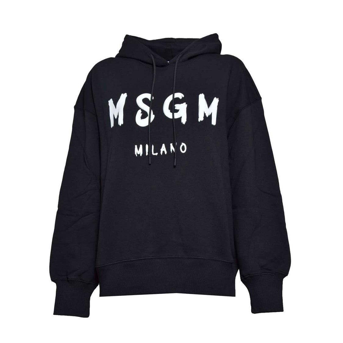 Msgm Black Cotton Hoodie With Brush Logo Print