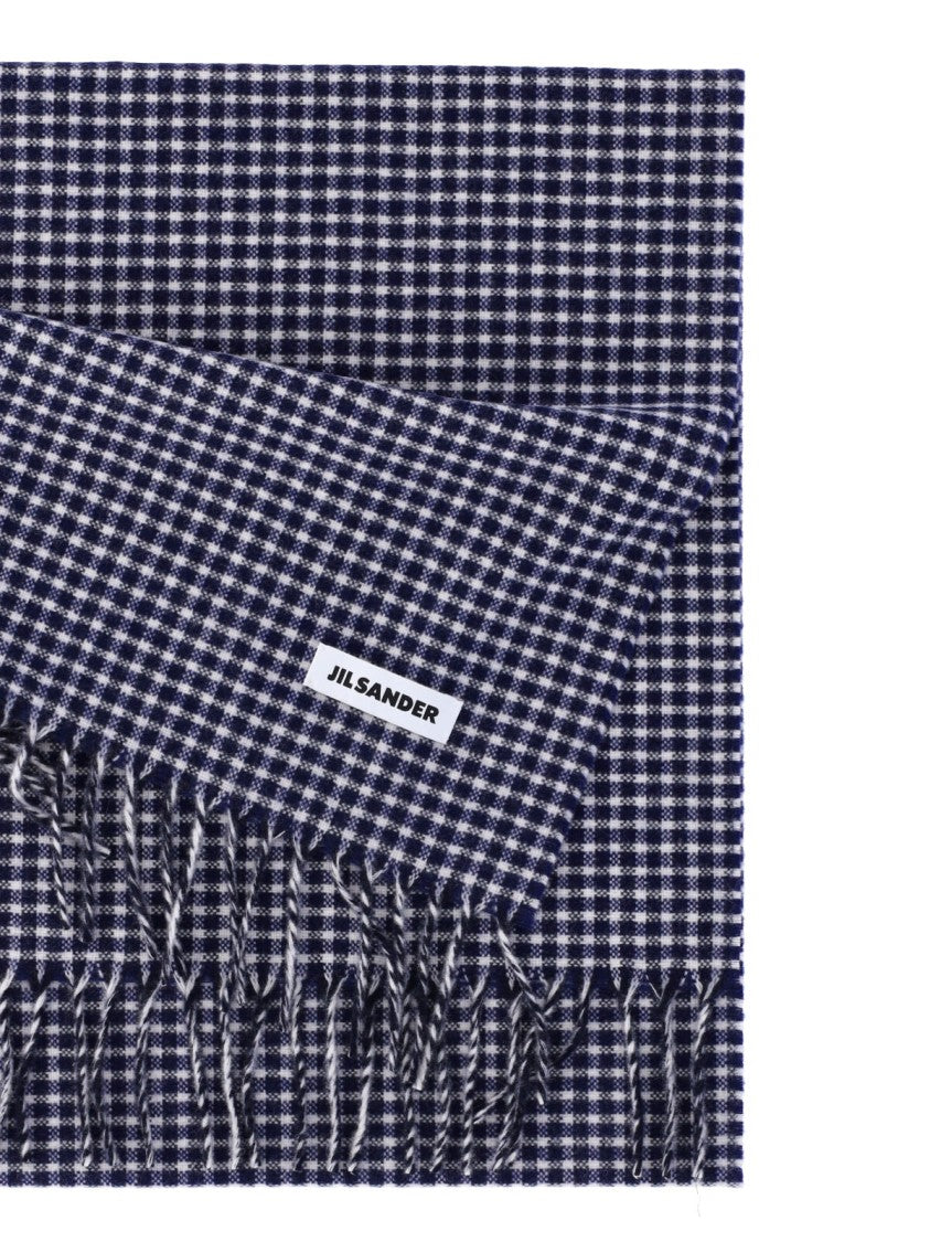 Jil Sander Blue Check Virgin Wool Fringed Scarf