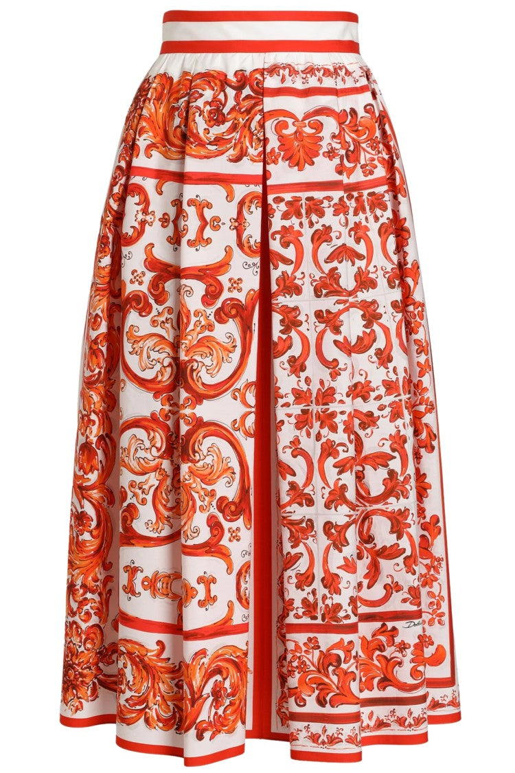 Dolce & Gabbana White Orange Pleated Effect Side Slit Pockets Cotton Skirt