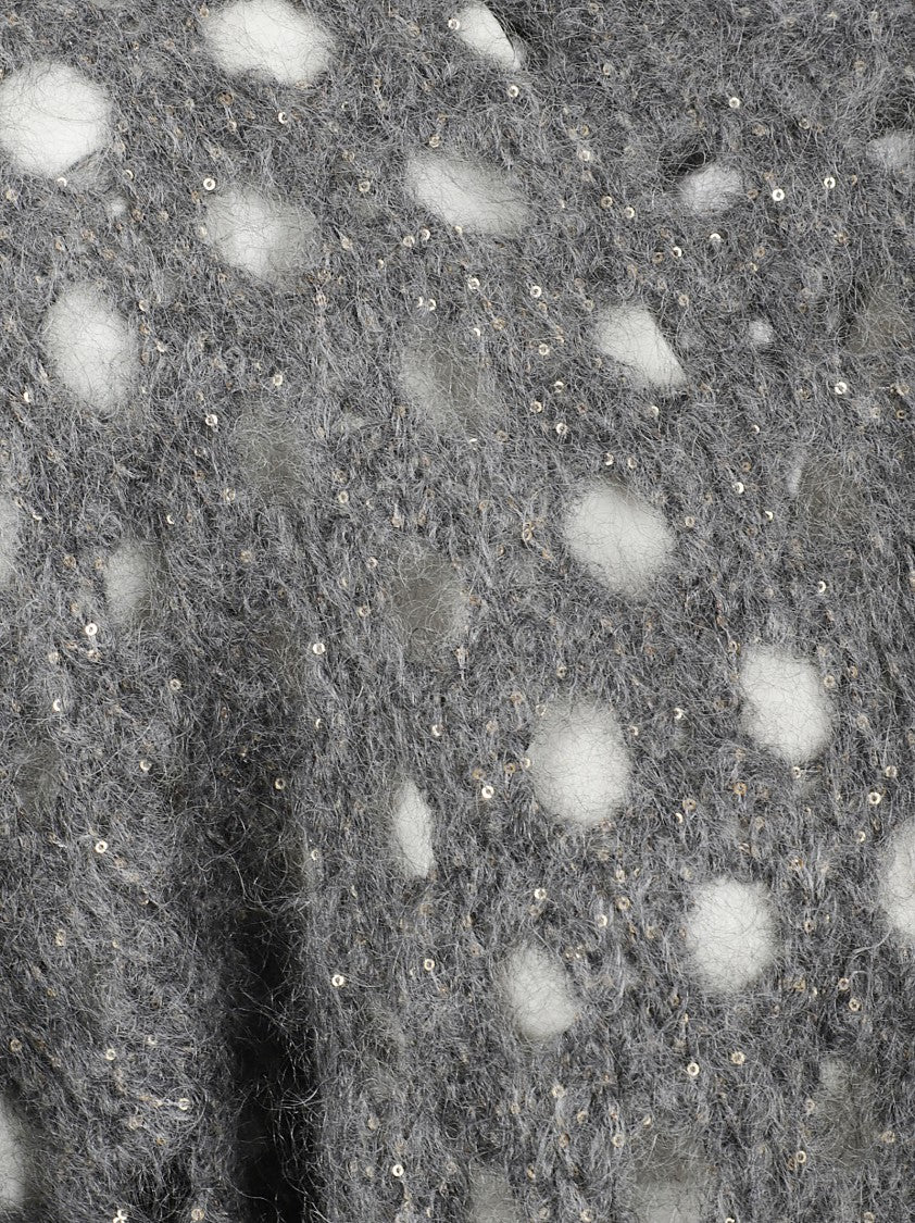 Brunello Cucinelli Dark Grey Mohair Knit Sweater With Openwork Pattern