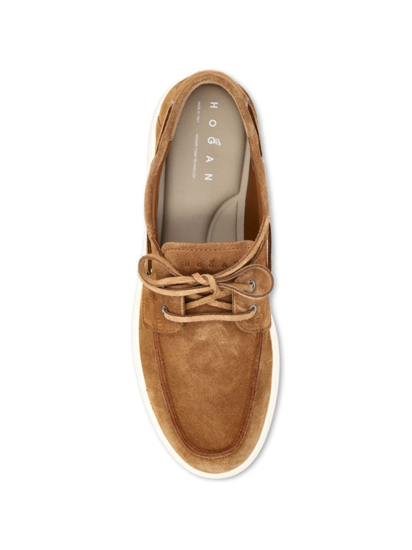 Hogan Moccasin-Style Brown Suede Lace-Up Shoes With Sporty Rubber Sole
