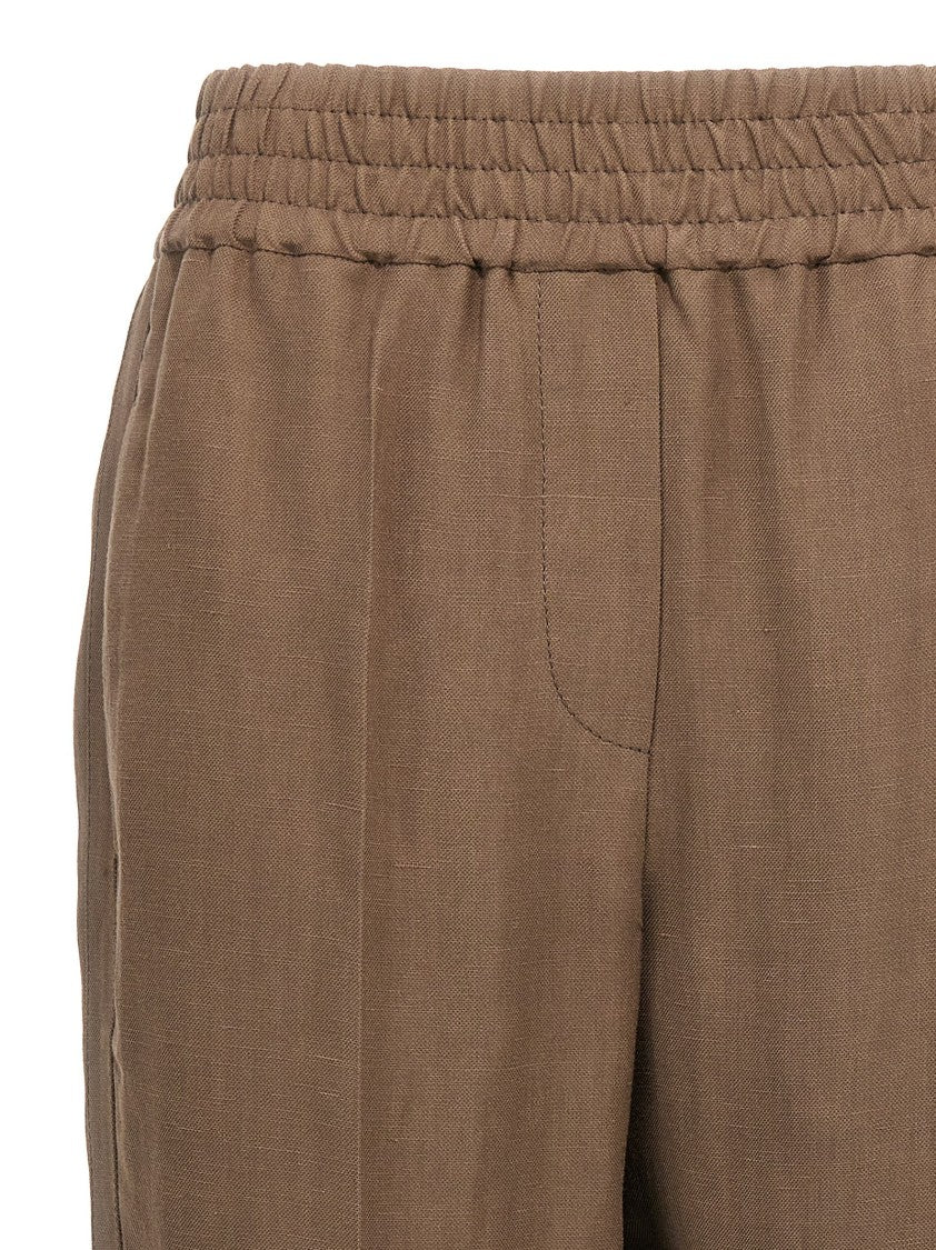 Brunello Cucinelli Brown Linen Blend Trousers With Elastic Waistband
