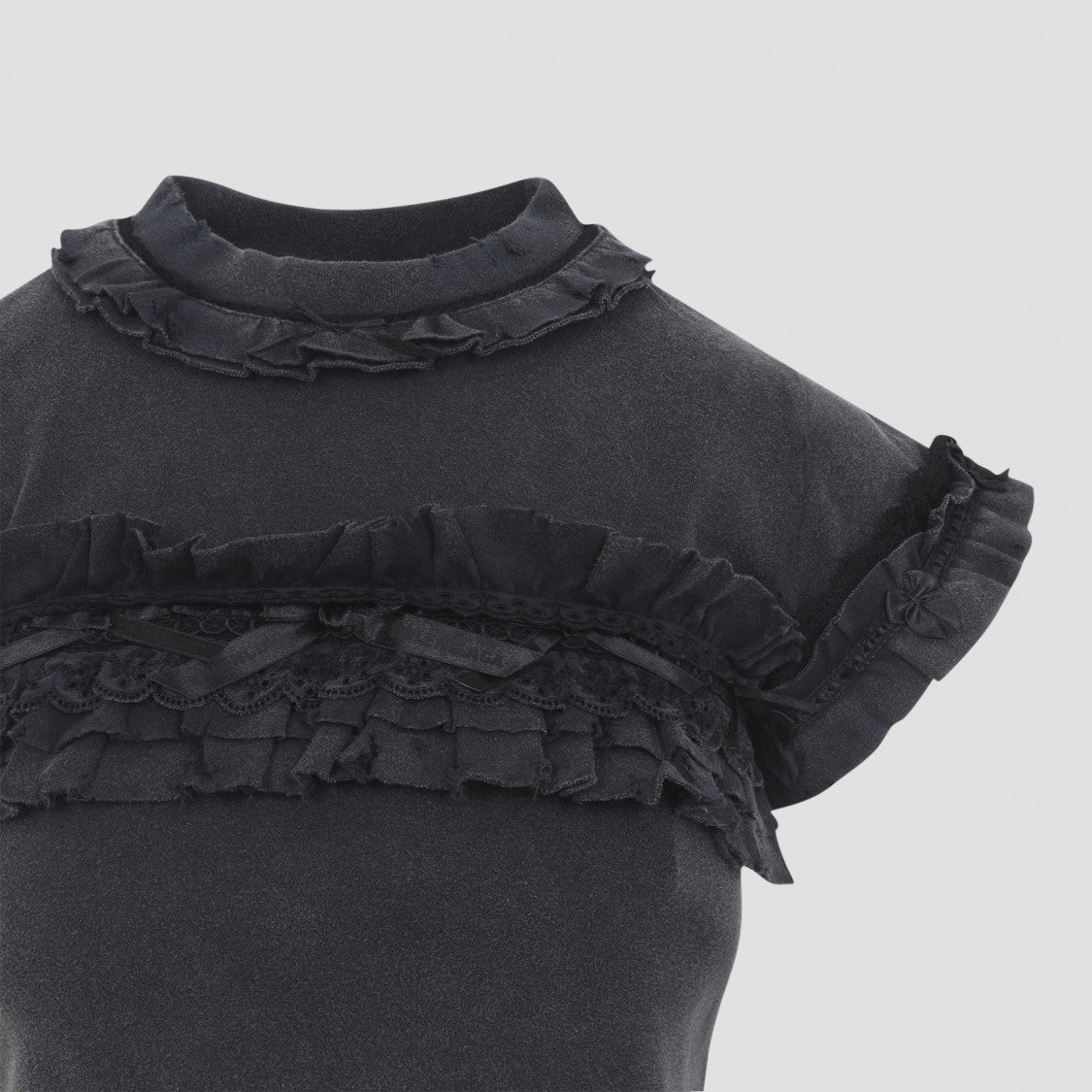 Balenciaga Washed Black Cotton Ruffle T-Shirt