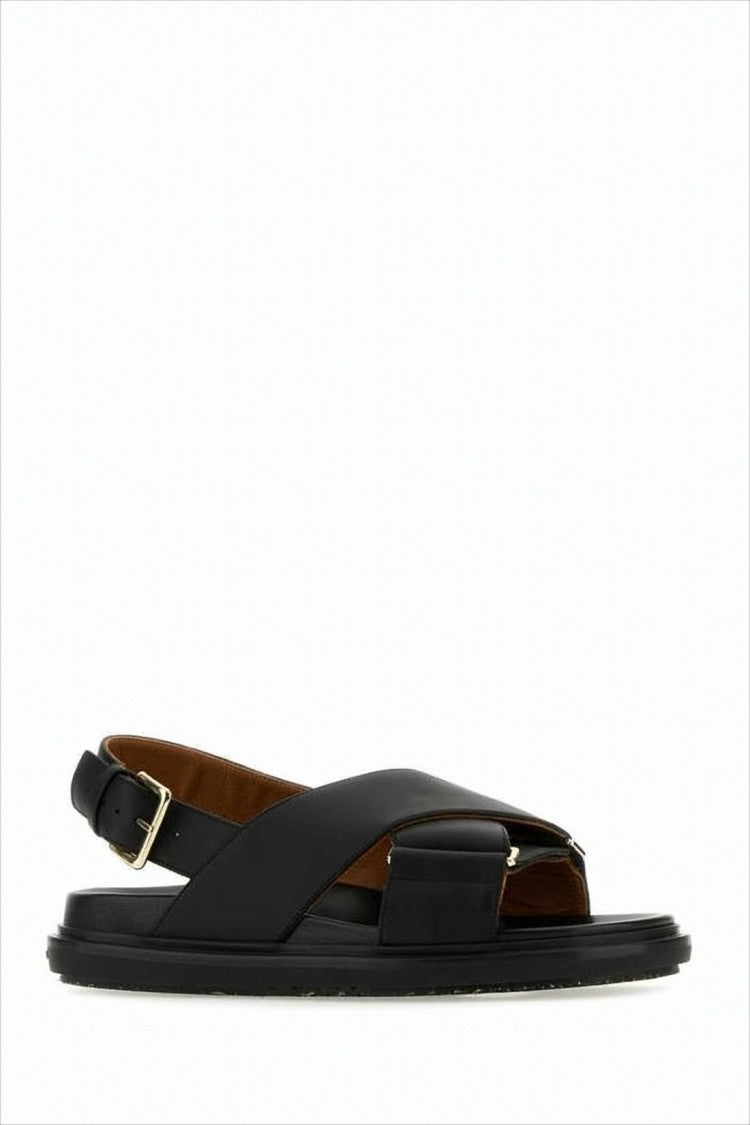 Marni Crisscross Black Leather Sandals With Gold-Tone Buckle