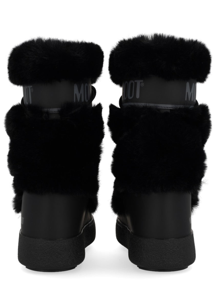 Moon Boot Mid-Calf Plush Black Boots With Lace-Up Detail