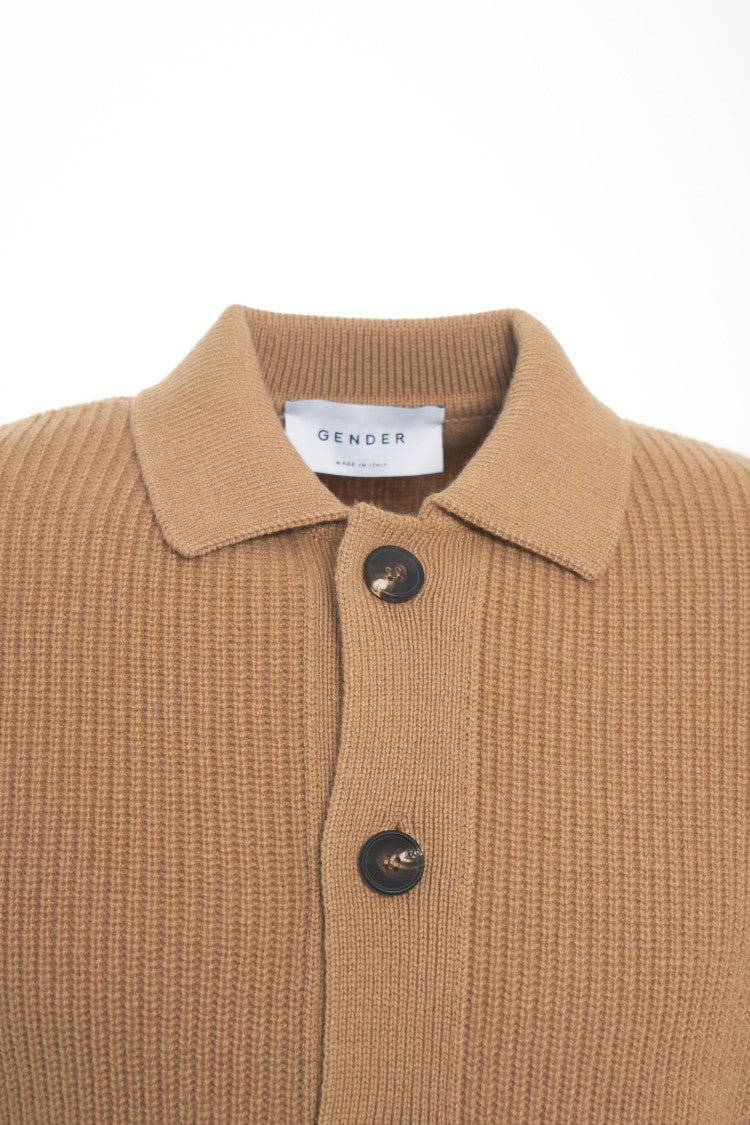 Gender Ribbed Knit Jacket With Classic Collar And Button Closure